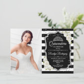 Quinceanera Party with Photo - Silver Black White Kaart (Staand voorkant)