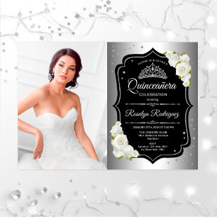 Quinceanera Party with Photo - Silver Black White Kaart