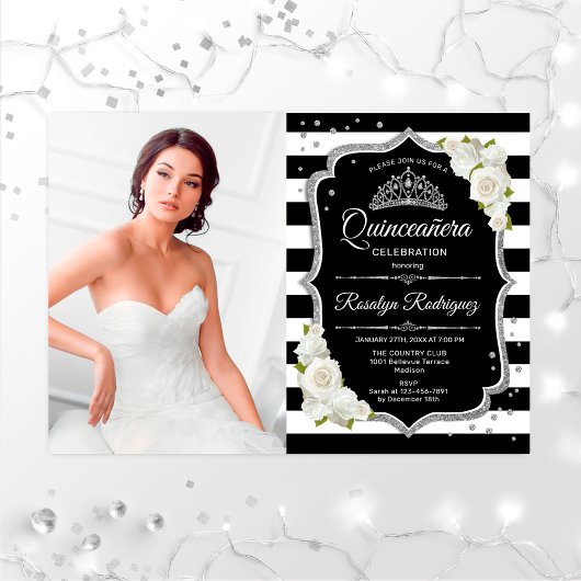 Quinceanera Party with Photo - Silver Black White Kaart