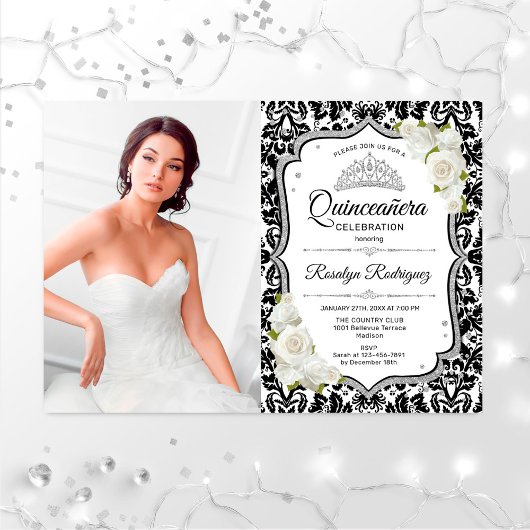 Quinceanera Party with Photo - Silver Black White Kaart