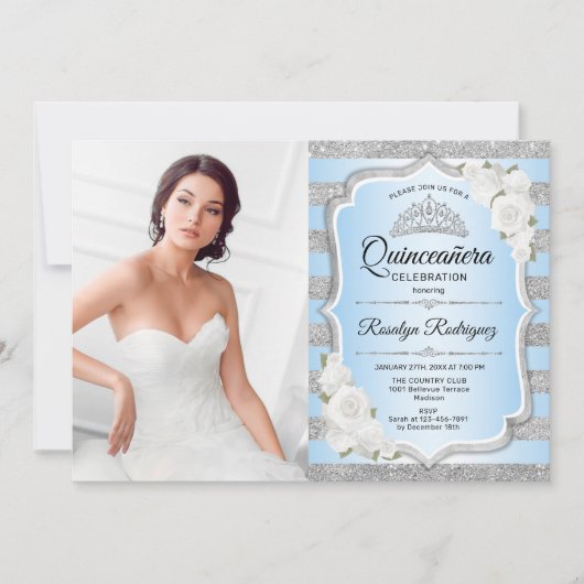 Quinceanera Party with Photo - Silver Blue Kaart (Voorkant)