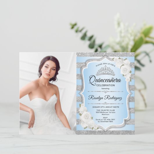 Quinceanera Party with Photo - Silver Blue Kaart (Staand voorkant)