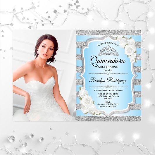 Quinceanera Party with Photo - Silver Blue Kaart