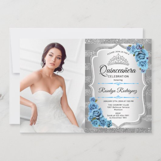 Quinceanera Party with Photo - Silver Icy Blue Kaart (Voorkant)