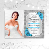 Quinceanera Party with Photo - Silver Icy Blue Kaart