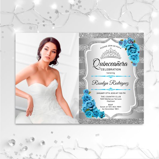 Quinceanera Party with Photo - Silver Icy Blue Kaart