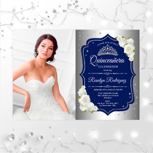 Quinceanera Party with Photo - Silver Navy Kaart