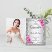 Quinceanera Party with Photo - Silver Pink Kaart (Staand voorkant)