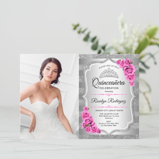 Quinceanera Party with Photo - Silver Pink Kaart (Staand voorkant)