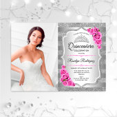 Quinceanera Party with Photo - Silver Pink Kaart