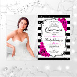 Quinceanera Party with Photo - Silver Pink White Kaart<br><div class="desc">Quinceanera feestuitnodiging met uw foto. Met zwarte witte strepen,  scriptlettertype,  roze fuchsia roses,  tiara en confetti. Klein zwart wit roze ontwerp met faux glitter Silver. Ideaal voor een elegante viering.</div>