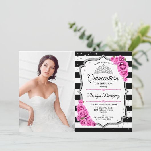Quinceanera Party with Photo - Silver Pink White Kaart (Staand voorkant)