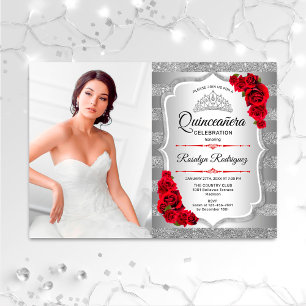 Quinceanera Party with Photo - Silver Red Kaart