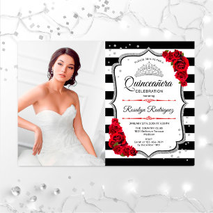Quinceanera Party with Photo - Silver Red White Kaart