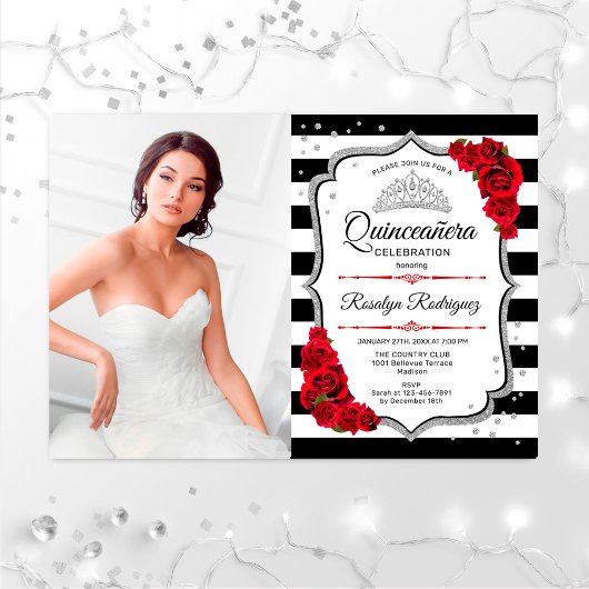 Quinceanera Party with Photo - Silver Red White Kaart