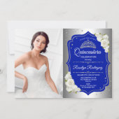 Quinceanera Party with Photo - Silver Royal Blue Kaart (Voorkant)