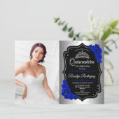 Quinceanera Party with Photo - Silver Royal Blue Kaart (Staand voorkant)