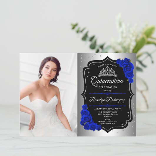 Quinceanera Party with Photo - Silver Royal Blue Kaart (Staand voorkant)