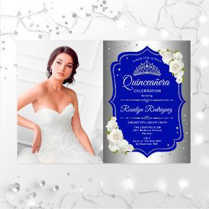 Quinceanera Party with Photo - Silver Royal Blue Kaart