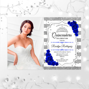 Quinceanera Party with Photo - Silver Royal Blue Kaart