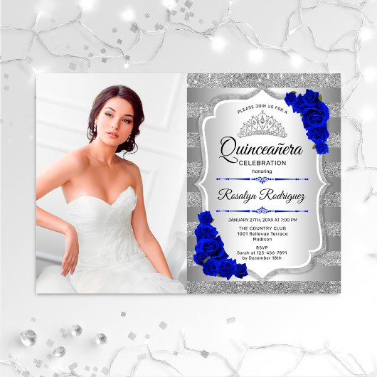 Quinceanera Party with Photo - Silver Royal Blue Kaart