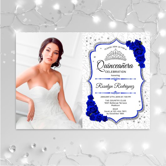 Quinceanera Party with Photo - Silver Royal Blue Kaart