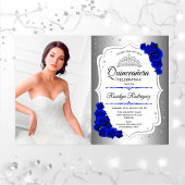 Quinceanera Party with Photo - Silver Royal Blue Kaart