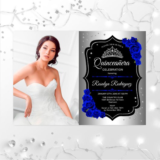Quinceanera Party with Photo - Silver Royal Blue Kaart