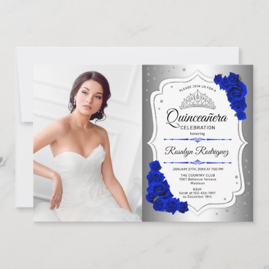 Quinceanera Party with Photo - Silver Royal Blue Kaart (Voorkant)