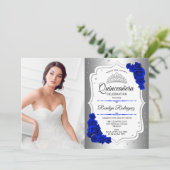 Quinceanera Party with Photo - Silver Royal Blue Kaart (Staand voorkant)