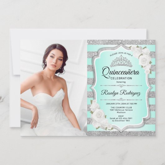 Quinceanera Party with Photo - Silver Turquoise Kaart (Voorkant)