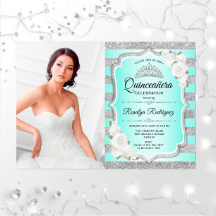 Quinceanera Party with Photo - Silver Turquoise Kaart