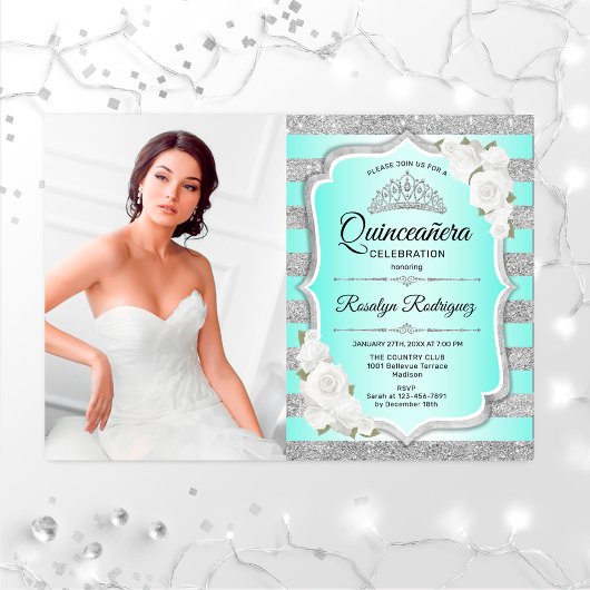 Quinceanera Party with Photo - Silver Turquoise Kaart