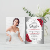 Quinceanera Party with Photo - Silver White Red Kaart (Staand voorkant)