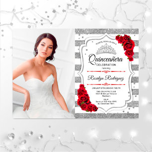 Quinceanera Party with Photo - Silver White Red Kaart