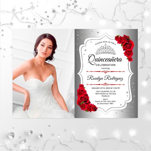 Quinceanera Party with Photo - Silver White Red Kaart