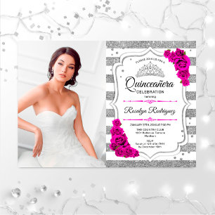 Quinceanera Party with Photo - Silver White roze Kaart