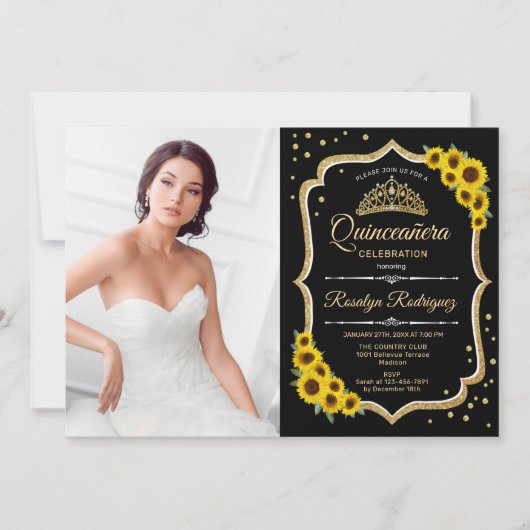 Quinceanera Party with Photo - Sunflower Black Kaart (Voorkant)