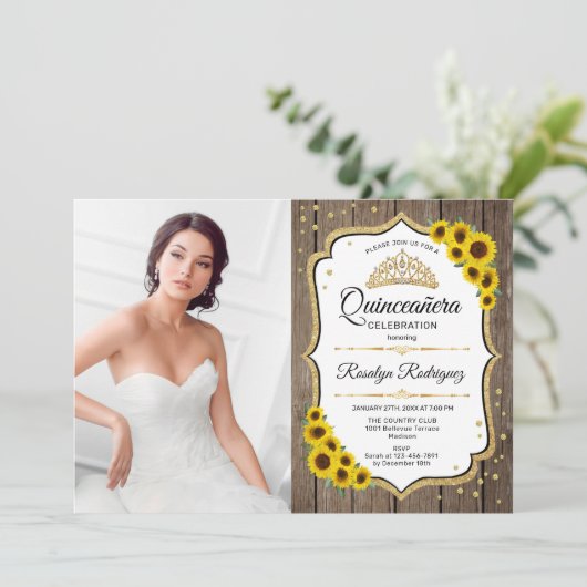 Quinceanera Party with Photo - Sunflower Rustic Kaart (Staand voorkant)
