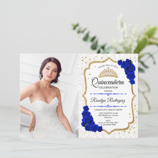 Quinceanera Party with Photo - White Gold Blue Kaart (Staand voorkant)