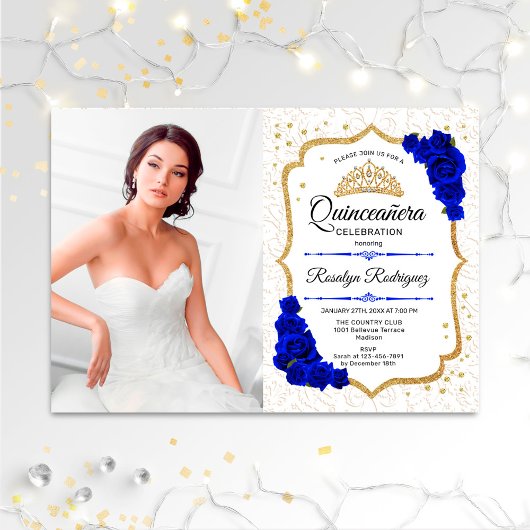Quinceanera Party with Photo - White Gold Blue Kaart