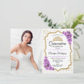 Quinceanera Party with Photo - White Gold Paars Kaart (Staand voorkant)