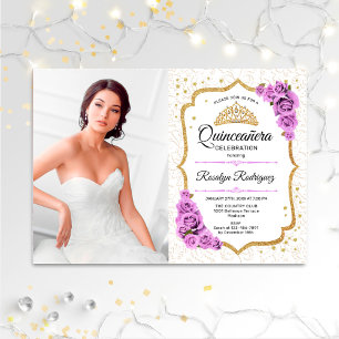 Quinceanera Party with Photo - White Gold Paars Kaart