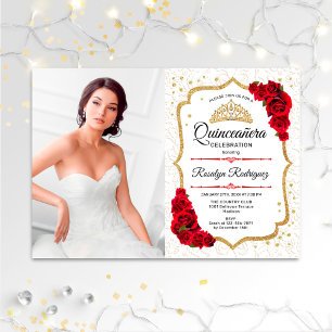Quinceanera Party with Photo - White Gold Red Kaart