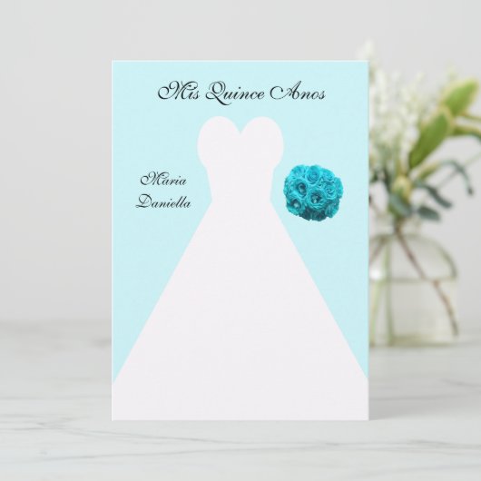 Quinceanera Party Witte Jurk op blauwe achtergrond Kaart (Staand voorkant)