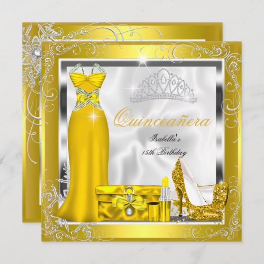 Quinceanera Party Yellow Gold Silver-jurk S5 Kaart (Voorkant / Achterkant)