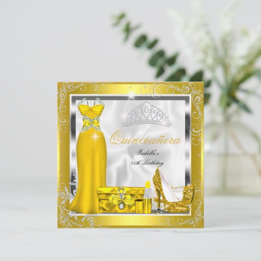 Quinceanera Party Yellow Gold Silver-jurk S5 Kaart (Staand voorkant)