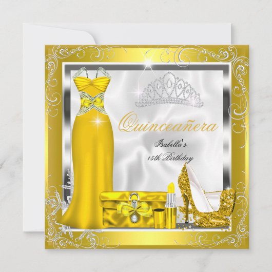 Quinceanera Party Yellow Gold Silver-jurk S5 Kaart (Voorkant)