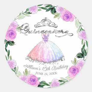 Quinceanera-pastelkleuren zilveren jurk bloemig ronde sticker