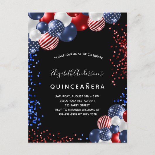 Quinceanera patriottische zwarte rode blauwe witte uitnodiging briefkaart (Voorkant)